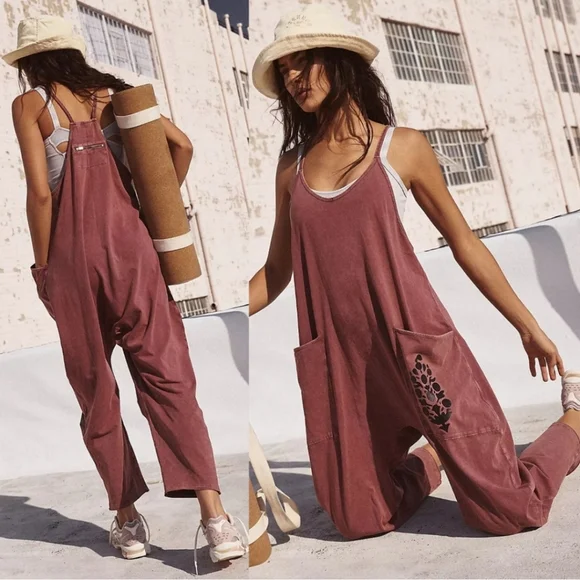 New Free People FP Movement Hot Shot Logo Onesie Mocha Combo Overalls Jumpsuit L - Picture 3 of 16
